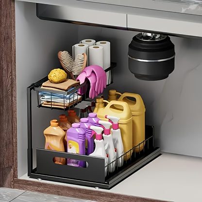 Under Sink Organizer Pull Out 2-Tier – Slide Out Cabinet Shelf for Kitchen & Bathroom, Under Sink Storage with Adjustable Shelves, Black White Grey, 1 or 2 Pack