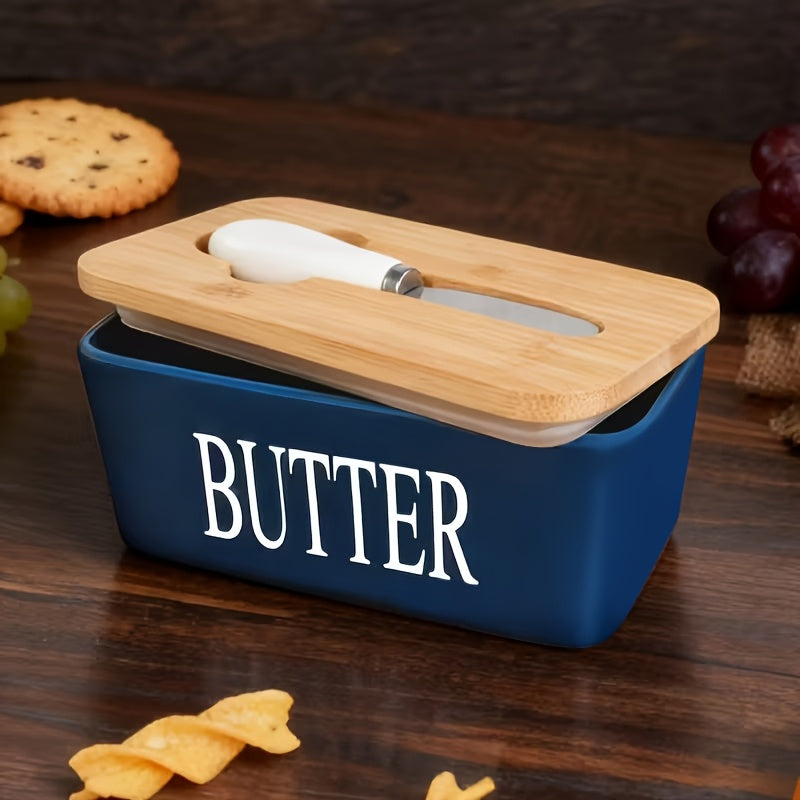 Ceramic Butter Dish with Lid and Knife - Large Capacity Countertop Butter Keeper Airtight Seal Easy Clean, 12 Colors Yellow Blue Grey Pink Black Orange, Kitchen Gift