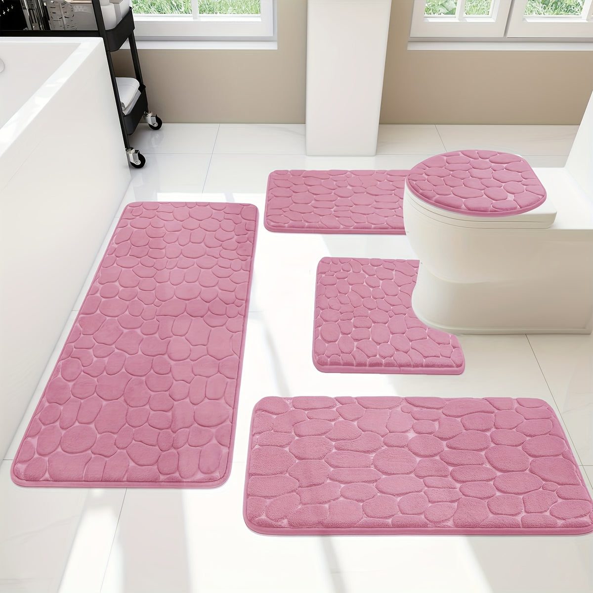 Memory Foam Bathroom Rug Set 5-Piece - Plush Non-Slip Super Absorbent Bath Mats for Sink Bathtub Shower Toilet, Machine Washable Quick-Dry Luxury Soft Sponge Bath Rug Set Black Gray Pink Khaki