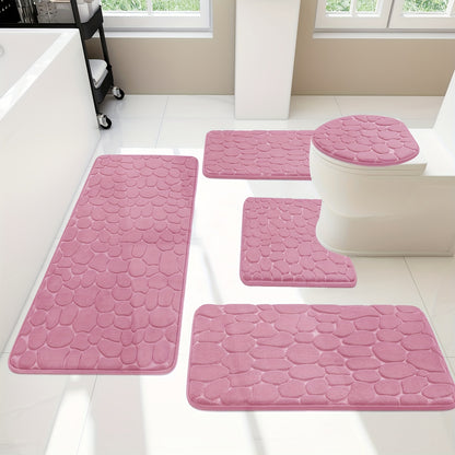 Memory Foam Bathroom Rug Set 5-Piece - Plush Non-Slip Super Absorbent Bath Mats for Sink Bathtub Shower Toilet, Machine Washable Quick-Dry Luxury Soft Sponge Bath Rug Set Black Gray Pink Khaki