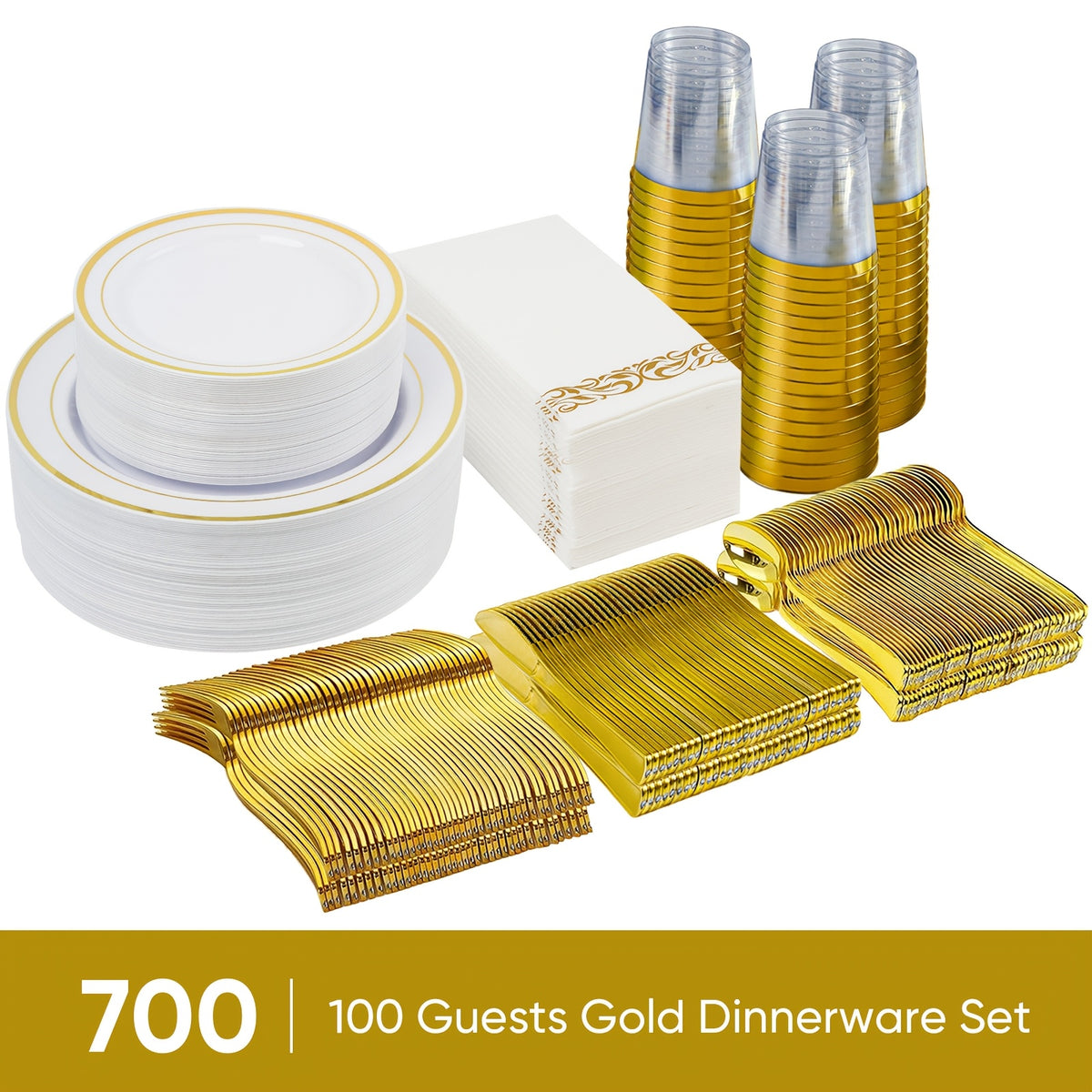 Disposable Plates for Parties 350/700 Piece Dinnerware Set with Dinner Plates, Salad Plates, Cups, Cutlery & Napkins – Gold & Silver for Wedding, Birthday, Graduation, Holiday Celebrations