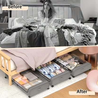 Under Bed Storage Organizer with Wheels and Lid – 2 Pack Metal Underbed Rolling Bins for Clothes, Bedding, Shoes, Blankets & Books, Black/Grey