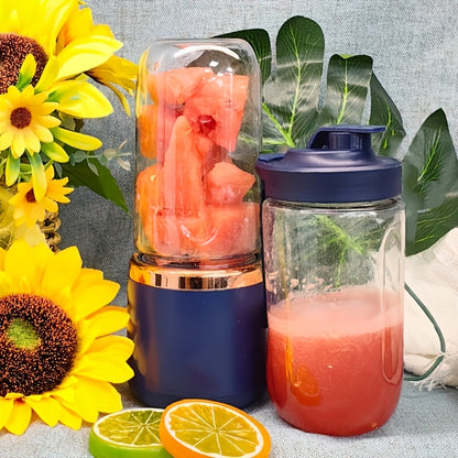 Portable Blender Juicer Double Cup USB Rechargeable 1500mAh, Personal Mini Blender for Fruit & Vegetable Smoothies, Food Grade ABS, Compact Travel Juicer with Gift Box – Pink, Blue or White