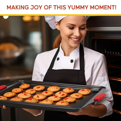 Carbon Steel Bakeware Set 3 Piece Non-Stick, Commercial-Grade Oven Baking Pans S M L with Red Silicone Handles, Heavy-Duty Carbon Steel Baking Sheet Set for Cookies Bread Roasting Cake Home Kitchen