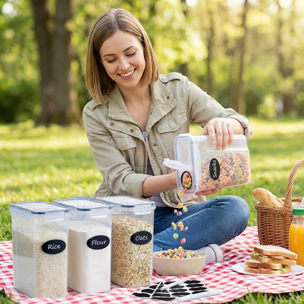 Pour Spout Food Storage Containers 4 Pack Extra Large 4L/135oz – BPA-Free Airtight Pantry Canisters for Cereal Flour Rice Nuts Grains, Includes Free Labels & Marker Pen, Kitchen Pantry Organization
