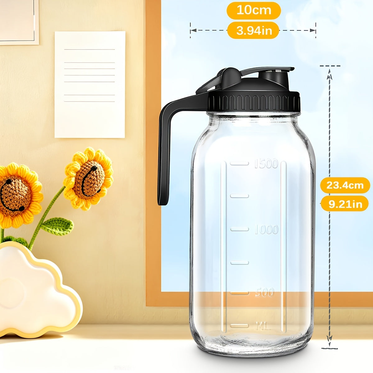 Glass Water Pitcher 64oz with Leak-Proof Lid - Thickened Lead-Free Glass Cold Brew Coffee Bottle, Refrigerator Storage Jug for Water, Juice, Iced Tea & Breast Milk