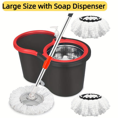 Spin Mop and Bucket Set with Wringer, 4 Microfiber Replacement Heads 42" Adjustable Handle, 360 Degree Spinning Mop Bucket System for Hardwood Tile Laminate Floor Cleaning, Standard Compact Upgrade with Soap Dispenser