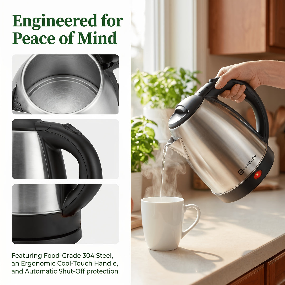 Stainless Steel Electric Water Kettle 2L Large Capacity 1000W Fast Boil 304 Food-Grade Steel Seamless Design Odor-Free BPA-Free for Home Kitchen Family Daily Use
