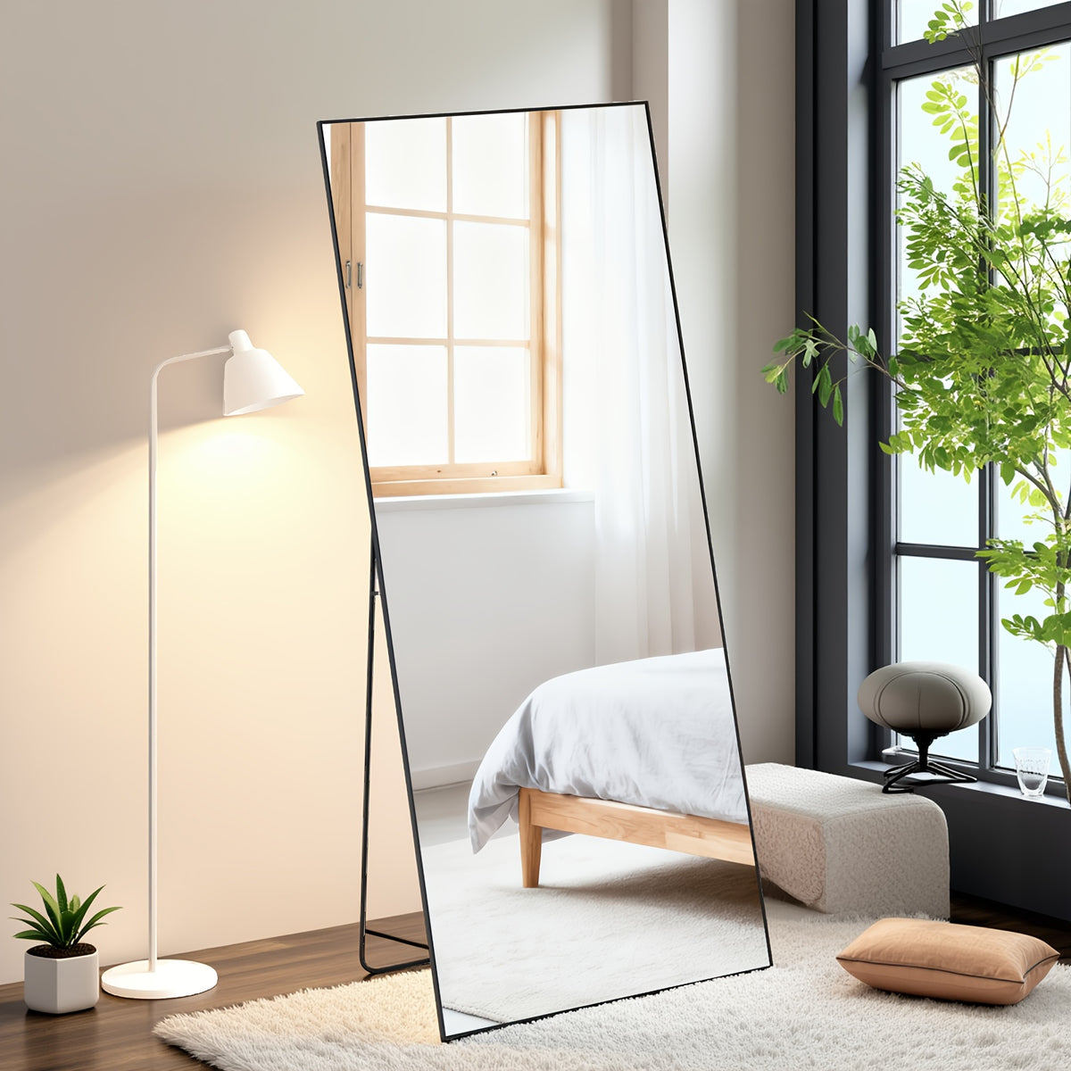 Full Length Mirror Floor Standing – Arched, Angle & Rectangle Full Body Mirror with Thin Steel Frame, Freestanding Leaning or Wall Hanging for Bedroom Bathroom Hotel, Black or Gold