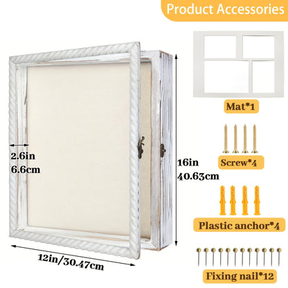 Shadow Box Frame with Linen Back 11x14 12x16, Large Rustic Memory Display Case with 4 Removable Shelves for Flowers Pictures Championship Rings Medals Coins Pins Collection Home Decor Wall Display