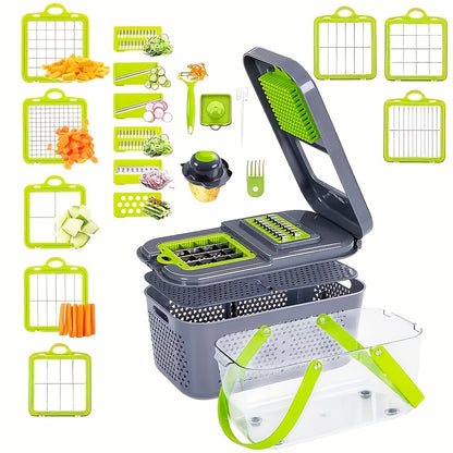 Vegetable Chopper 22-in-1 Pro - Multifunctional Food Dicer Slicer with 14 Blades, Drain Basket & Storage Container, Kitchen Mandoline Cutter for Onion Salad Fruit