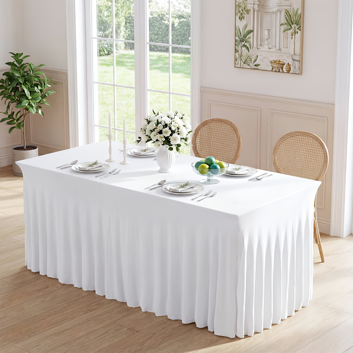 Spandex Table Skirt for 6ft Rectangle Tables 1 or 4 Pack – Black & White Stretch Table Cover Washable Wrinkle Resistant for Wedding Banquet Event Halloween Christmas Patio