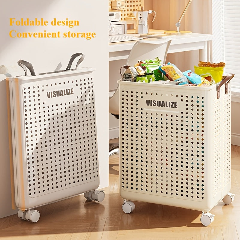 Laundry Basket with Wheels Extra Large Foldable - Breathable Rolling Laundry Hamper with Faux Leather Handles, Collapsible Space-Saving Clothes Storage Bin for Bathroom, Bedroom & Dorm, White Cream