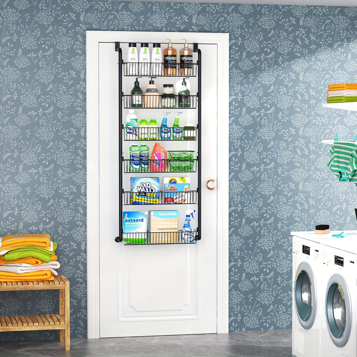 Over The Door Organizer, Heavy-Duty Metal Pantry Rack with 6 or 8 Shelves – Space-Saving Multi-Level Storage for Kitchen, Bathroom & Laundry Room, Spice Rack & Cabinet Door Hanging Shelf, Black or White