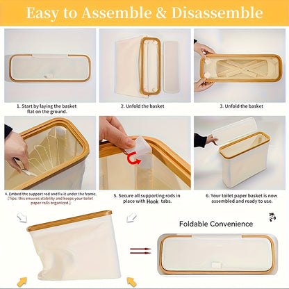 Bamboo Toilet Paper Holder with Lid Foldable, Bathroom Storage Box Organizer Holds 12 Rolls, Toilet Paper Storage Container for Bathroom Counter Cabinet, Black White Gray Mini, Random Color Available