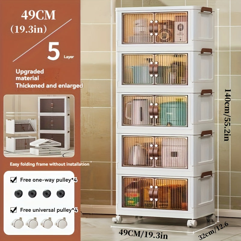Foldable Storage Cabinet with Lid & Wheels 48QT – Stackable Clothes & Bedding Organizer, Space-Saving Wardrobe Box for Bedroom Game Room, 2/3/4/5 Layer