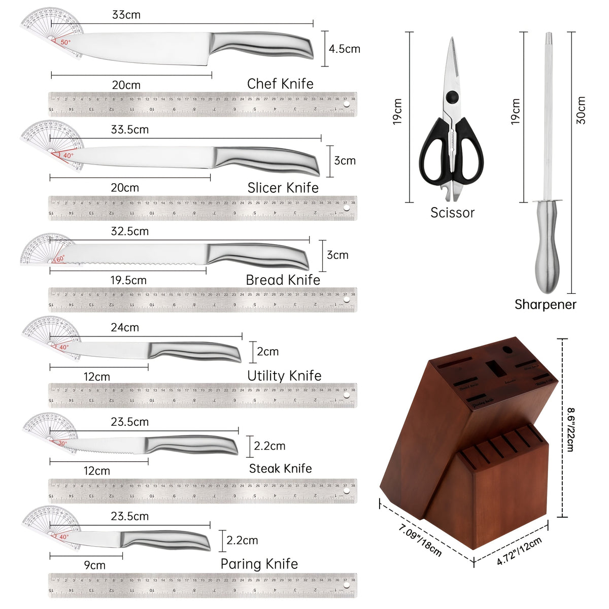 Knife Block Set with Self Sharpener 15pcs Hammered Stainless Steel Chef Knife Set with Wooden Block Steak Knives Self Sharpening Kitchen Knives Gift for Men Family