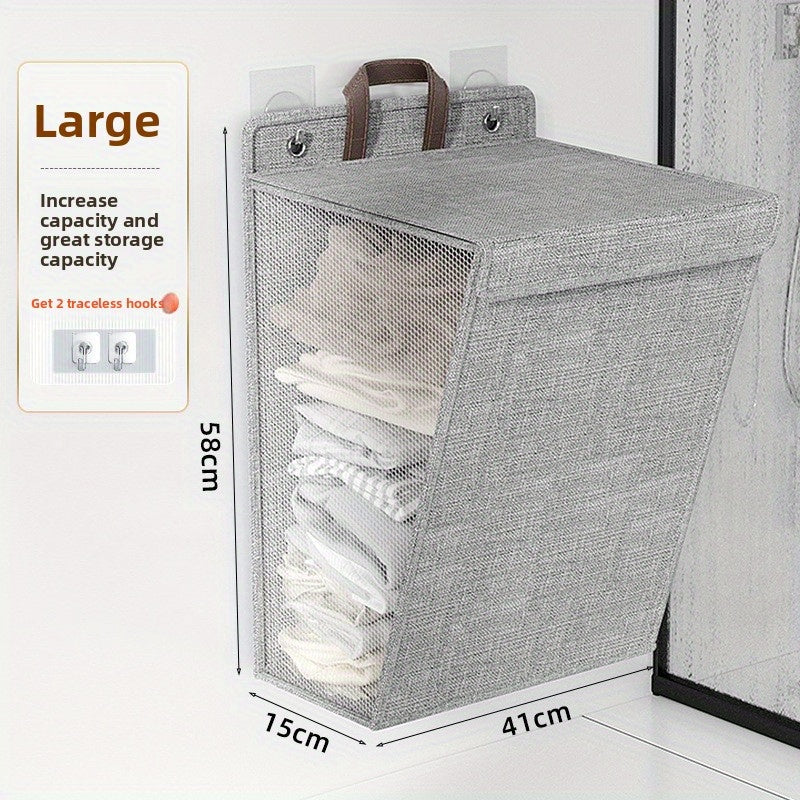Foldable Wall Mounted Laundry Hamper Oxford Cloth with Lid Space Saving Collapsible Clothes Storage Basket Bedroom Bathroom Living Room Large 22x15 Inch Gray