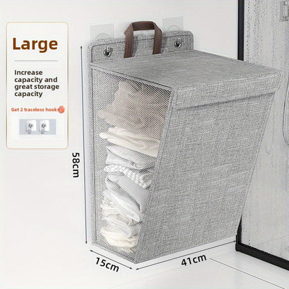 Foldable Wall Mounted Laundry Hamper Oxford Cloth with Lid Space Saving Collapsible Clothes Storage Basket Bedroom Bathroom Living Room Large 22x15 Inch Gray