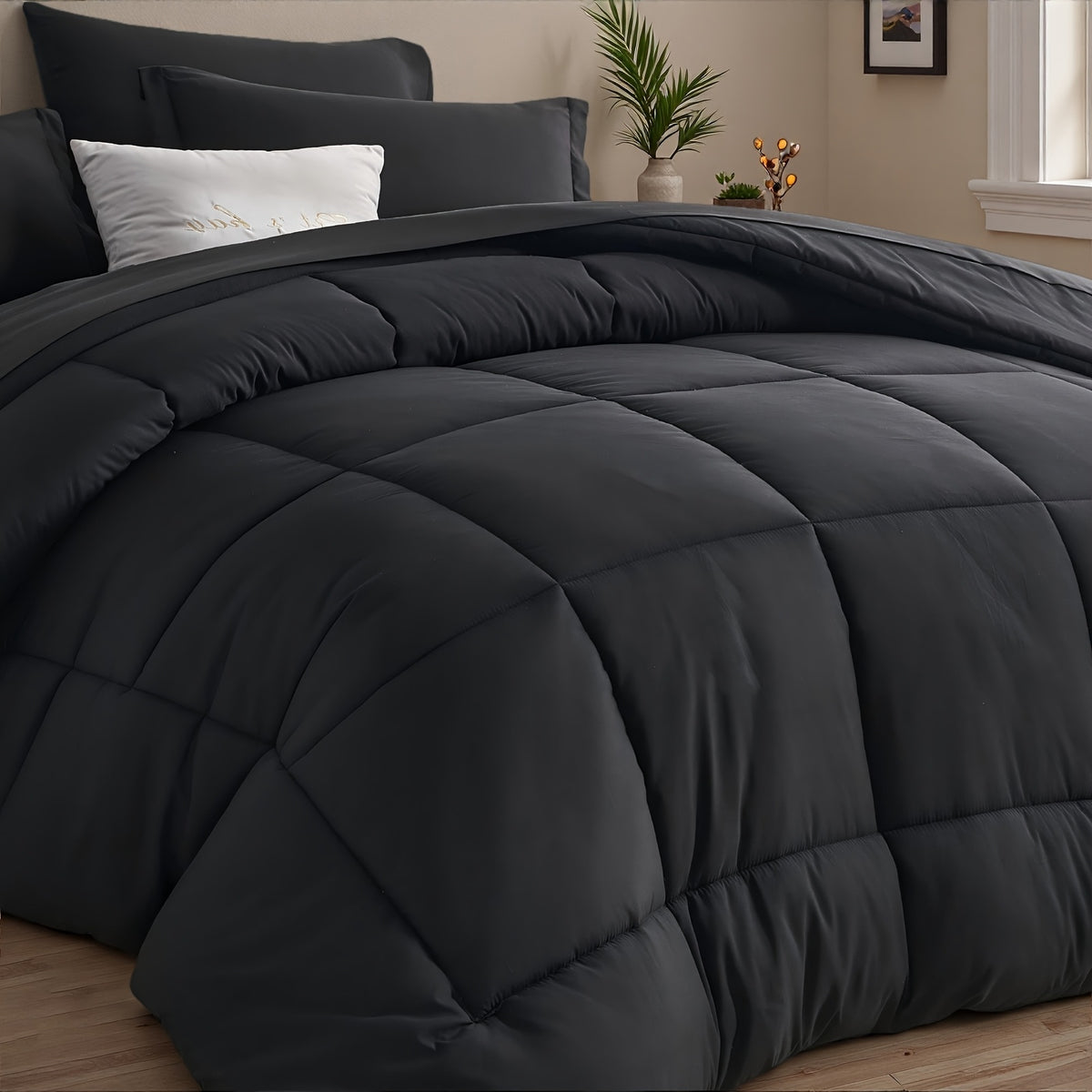 Comforter Set 5/7 Piece Checkered Pattern Bed in a Bag – Ultra Soft Breathable Fluffy Fiber Fill All Season Bedding Set with Comforter Flat Sheet Fitted Sheet Pillowcases, Twin Full Queen King 17 Colors