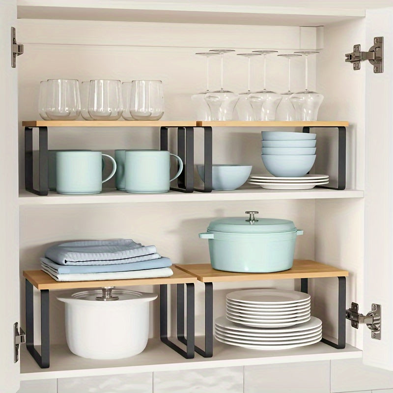 Adjustable Stackable Shelf Organizer Set of 2 – Wooden Cabinet Storage Rack for Kitchen Counter, Spice, Pantry, Bathroom & Under Sink, Space-Saving Home Organization