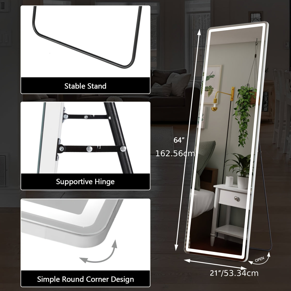 Full Length Mirror Floor Standing with LED Lights – Arched & Rectangle Aluminum Frame Dressing Mirror for Bedroom & Living Room, Black Gold White, 16x59 / 21x64 / 26x71 Inch