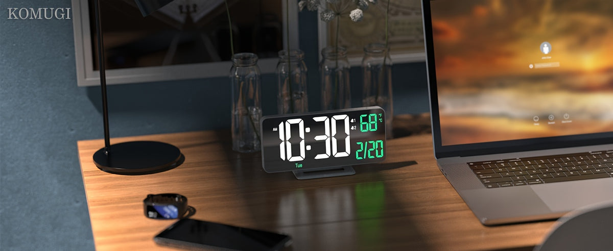 Digital Alarm Clock LED Mirror Display 6.7 Inch – Dual Alarm with Seconds Date Week 12/24H, Dimmable Bedside Desk Clock for Bedroom Living Room Office, Modern White Mirror Design