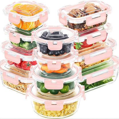 Glass Food Storage Containers with Lids 12-Piece Set – Airtight Leak-Proof Meal Prep Containers Microwave Oven Freezer & Dishwasher Safe Glass Lunch Bento Boxes for Kitchen Pantry