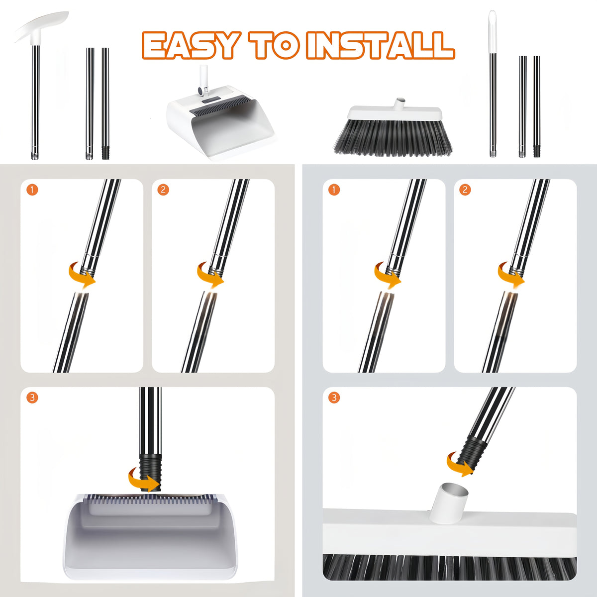 Foldable Broom and Dustpan Combo Set with Long Handle Floor Brush – 3-in-1 Collapsible Broom Dustpan Set for Home Office Dorm, Flexible Quick Dust Removal, Space-Saving Cleaning Tool Set