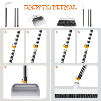 Foldable Broom and Dustpan Combo Set with Long Handle Floor Brush – 3-in-1 Collapsible Broom Dustpan Set for Home Office Dorm, Flexible Quick Dust Removal, Space-Saving Cleaning Tool Set