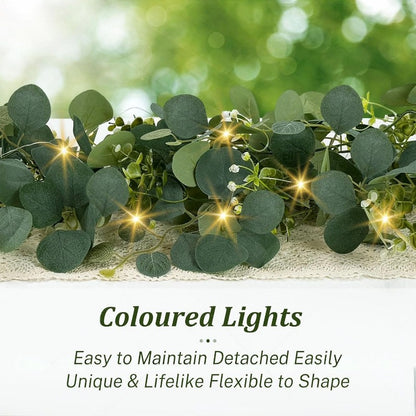 Lighted Eucalyptus Wreath 2-Pack 6FT Artificial Green Vine with LED Lights - Faux Eucalyptus Garland for Table Runner Wedding Centerpiece Backdrop Wall Decor Party Home Decoration Warm White