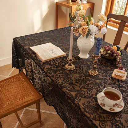 Lace Tablecloth Rectangular Floral Embroidered Wedding Dinner Table Cover - White & Black, Multiple Sizes, Polyester Machine-Made Holiday Home Decor