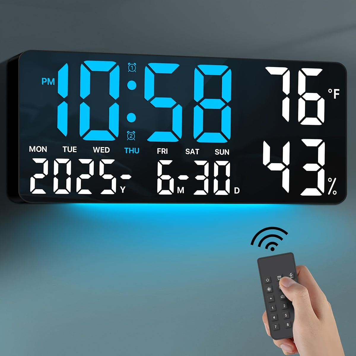 Large Screen LED Alarm Clock with Temperature Humidity Display – 15 Inch Luminous Digital Clock, Week Timer Remote Control, Auto-Dimming, for Bedroom Living Room Office Seniors