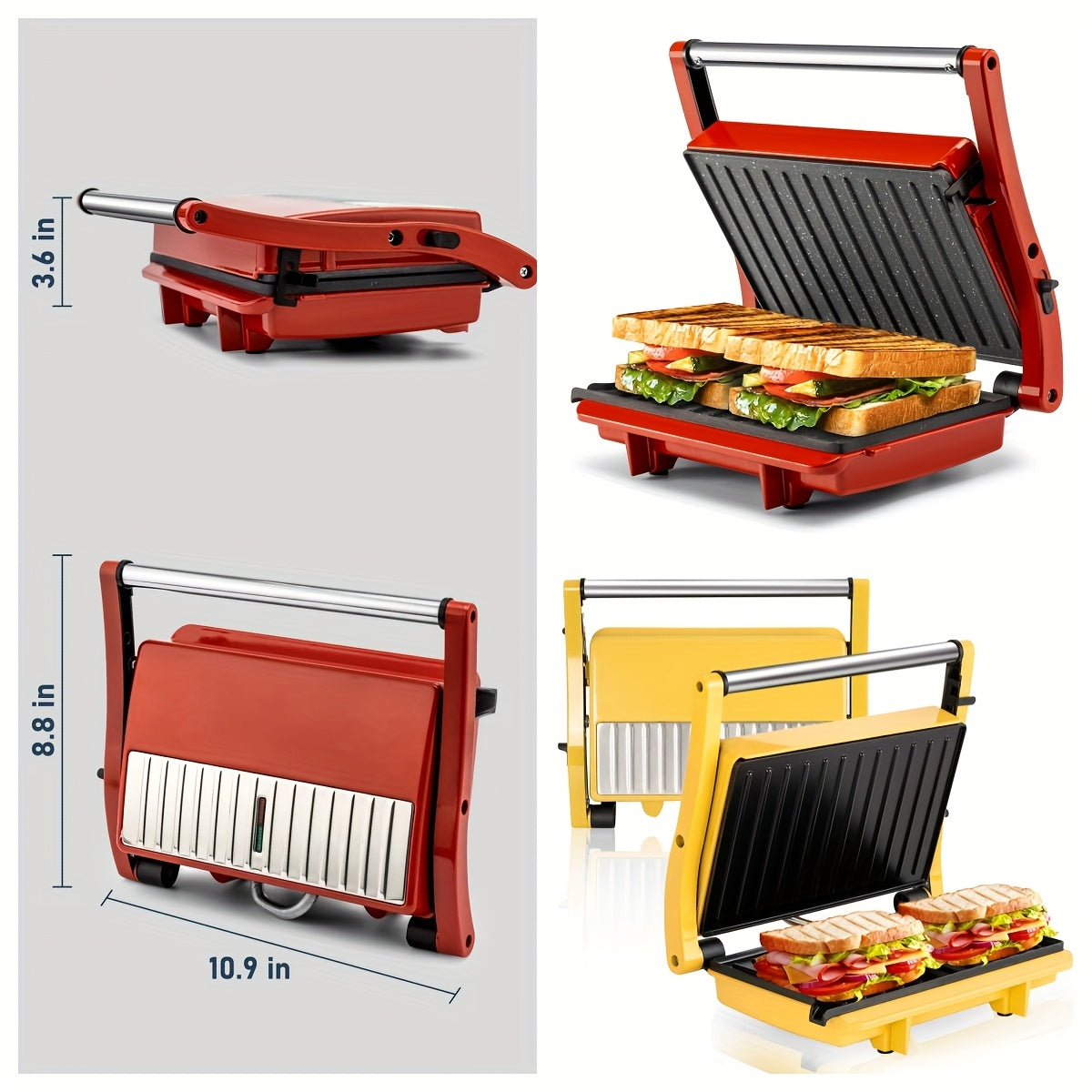 3-in-1 Electric Indoor Grill Panini Press Sandwich Maker with Non-Stick Cooking Plates, Opens 180 Degree Flat Grill, Floating Hinge Fits All Foods, Temperature Control & Grease Tray, Compact Kitchen Appliance