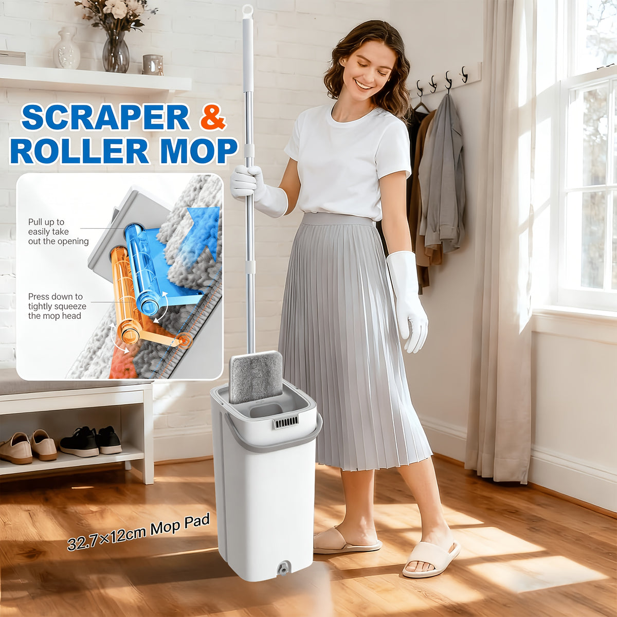 Hands-Free Flat Mop and Bucket Set with 5 Microfiber Pads – Self-Wringing Floor Mop for Hardwood, Tile & Laminate, Bedroom Kitchen Bathroom Living Room Cleaning Kit