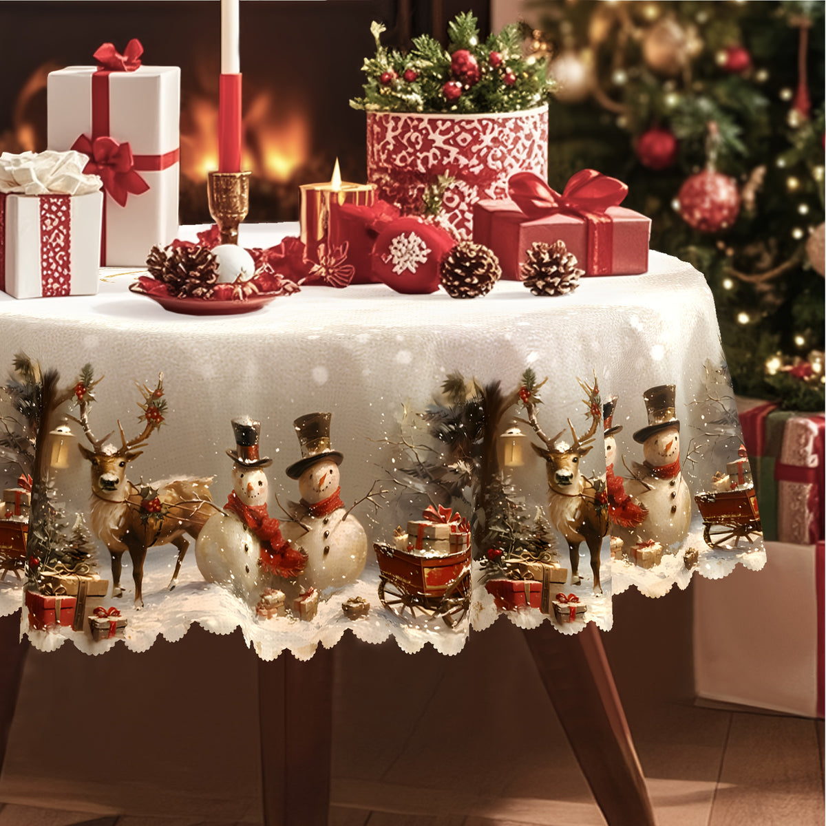Christmas Tablecloth Vintage Snowman Reindeer & Christmas Tree Red, Durable Polyester Holiday Table Cover for Rectangular Round Oval Tables, Festive Xmas Party Home Restaurant Decoration