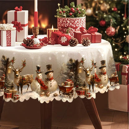 Christmas Tablecloth Vintage Snowman Reindeer & Christmas Tree Red, Durable Polyester Holiday Table Cover for Rectangular Round Oval Tables, Festive Xmas Party Home Restaurant Decoration