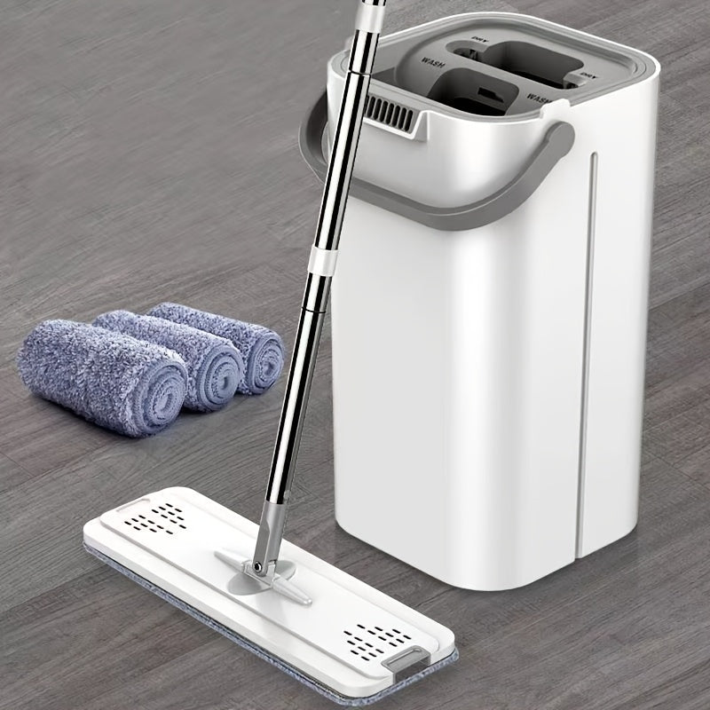 Hands-Free Flat Mop with Bucket Set – Wet & Dry Floor Mop 1 Barrel 1 Rod 6 Replacement Microfiber Pads for Hardwood Tile Laminate Bedroom Kitchen Living Room Bathroom – Durable Household Cleaning Tool
