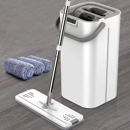 Hands-Free Flat Mop with Bucket Set – Wet & Dry Floor Mop 1 Barrel 1 Rod 6 Replacement Microfiber Pads for Hardwood Tile Laminate Bedroom Kitchen Living Room Bathroom – Durable Household Cleaning Tool