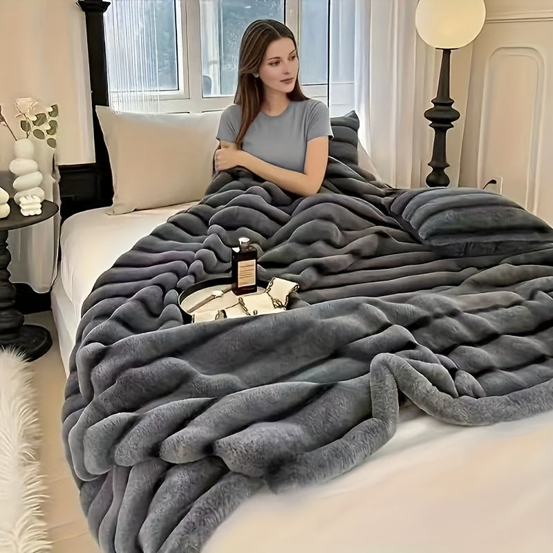 Faux Rabbit Fleece Blanket, Double Layer Thickened Soft Warm Throw – All Season Reversible Blanket for Adults, Couch, Bed & Travel, Machine Washable, Throw / Twin XL / Queen / King, Grey Khaki Beige