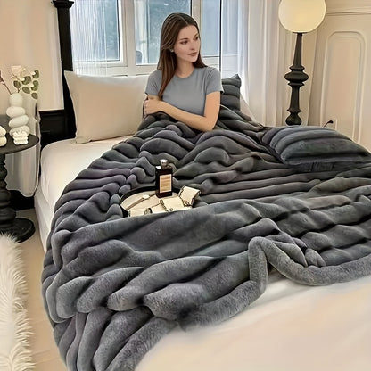 Faux Rabbit Fleece Blanket, Double Layer Thickened Soft Warm Throw – All Season Reversible Blanket for Adults, Couch, Bed & Travel, Machine Washable, Throw / Twin XL / Queen / King, Grey Khaki Beige