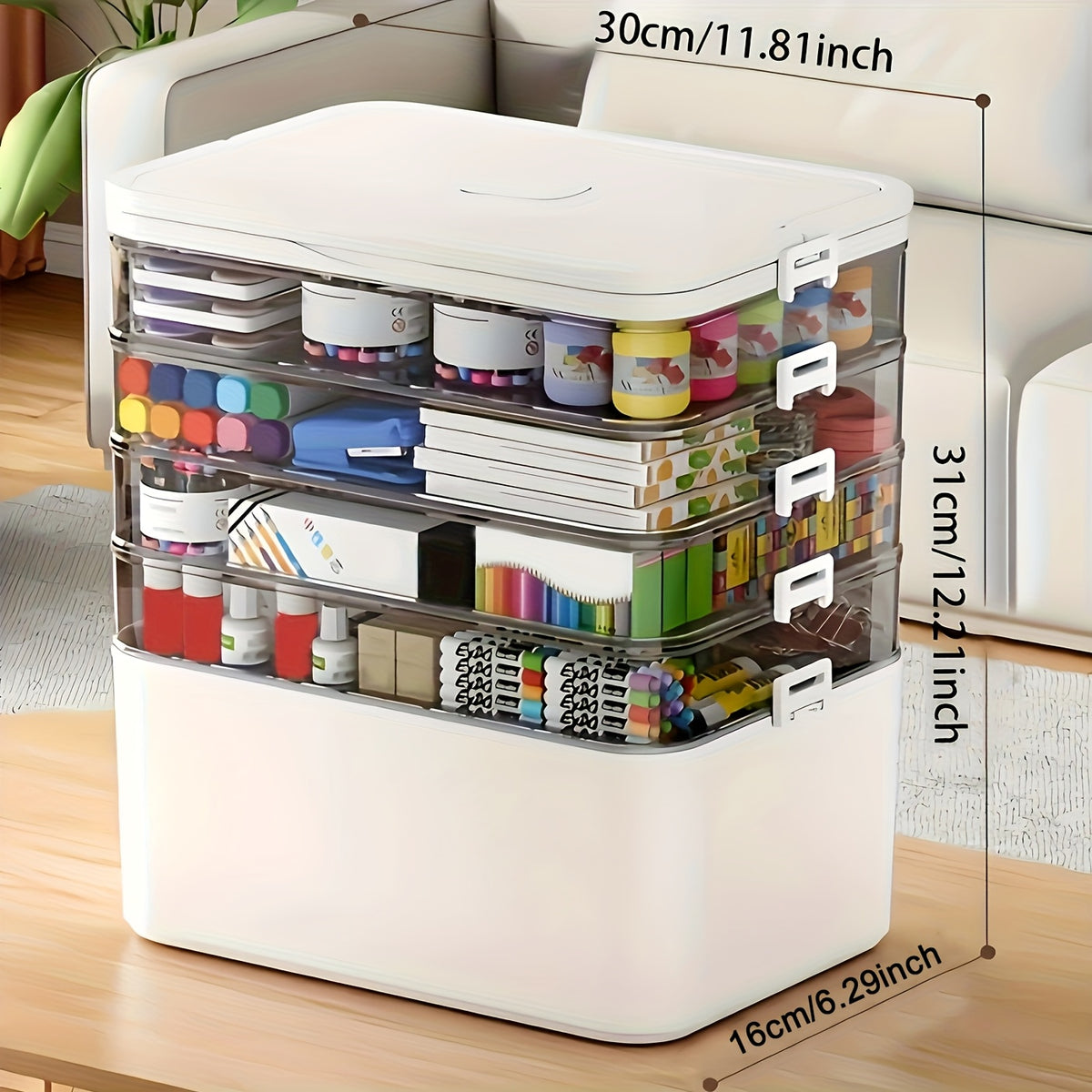 5-Tier Stackable Storage Box with Lids & Handle – Large Capacity Transparent Organizer for Crafts, Sewing, Cosmetics, Office Supplies, Pills & Bathroom