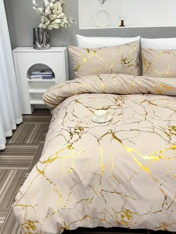 Duvet Cover Set 3-Piece Bronzing Texture | Super Soft Breathable Bedding Set with 2 Pillowcases, Twin Full Queen King, All-Season Bedroom Dormitory Comforter Cover, White Khaki Black
