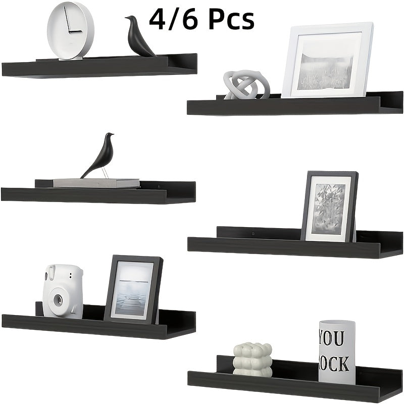 Rustic Wood Floating Shelves Wall Mounted Set 4 or 6 Pcs, Carbonized Black & White Shelf for Bathroom Bedroom Living Room Kitchen Office Plants Decor, Multi-Size Heavy Duty Wall Shelf Storage