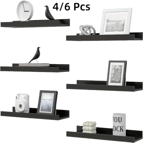 Rustic Wood Floating Shelves Wall Mounted Set 4 or 6 Pcs, Carbonized Black & White Shelf for Bathroom Bedroom Living Room Kitchen Office Plants Decor, Multi-Size Heavy Duty Wall Shelf Storage