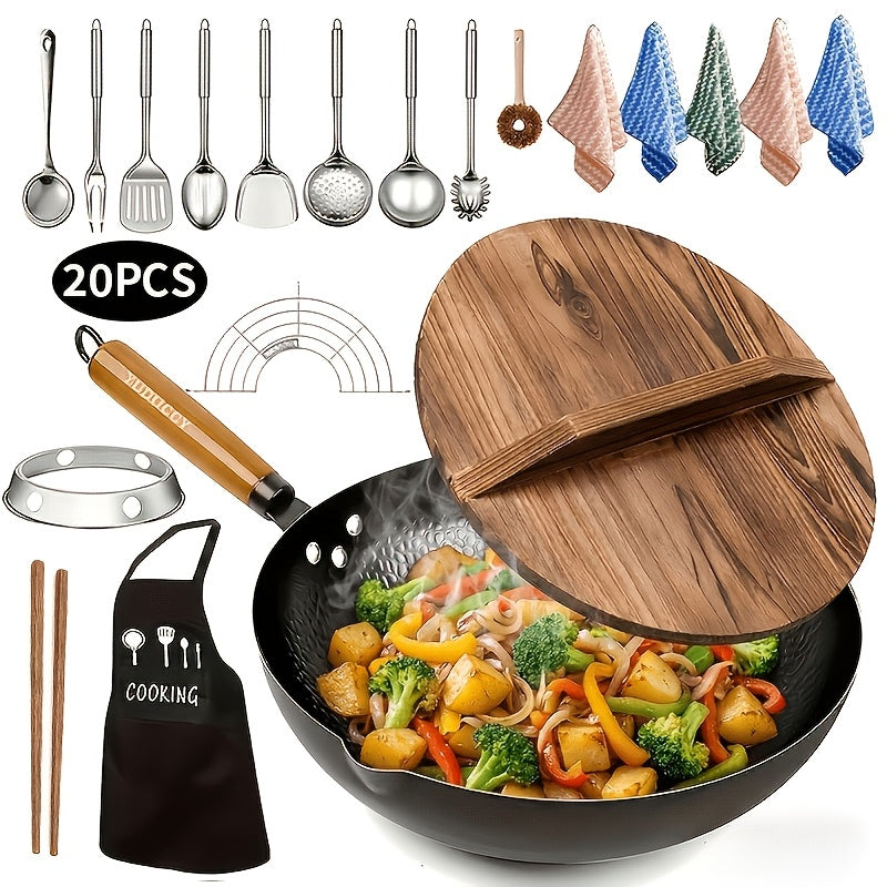 Carbon Steel Wok Set with Lid 12.6 Inch - 14-Piece Non-Stick Stir Fry Pan for All Stoves, Detachable Handle, Honeycomb Surface, Wok Spatula & Kitchen Utensils Included