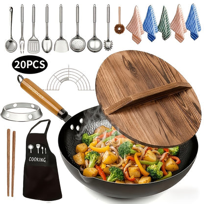 Carbon Steel Wok Set with Lid 12.6 Inch - 14-Piece Non-Stick Stir Fry Pan for All Stoves, Detachable Handle, Honeycomb Surface, Wok Spatula & Kitchen Utensils Included