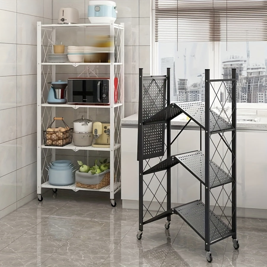 Rolling Storage Rack with Wheels 3 4 5 Tier Foldable Metal Shelving Unit Heavy Duty 50 lbs Per Shelf – Mobile Floor Standing Storage Shelf for Office Home Living Room Garage Black White