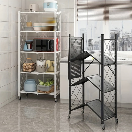 Rolling Storage Rack with Wheels 3 4 5 Tier Foldable Metal Shelving Unit Heavy Duty 50 lbs Per Shelf – Mobile Floor Standing Storage Shelf for Office Home Living Room Garage Black White