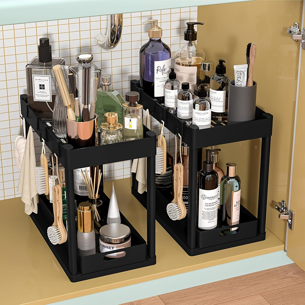 Under Sink Organizer Set of 2 – Dual Tier Sliding Basket Drawers with 8 Hooks, Bathroom Cabinet Storage Solution for Under Counter Organization, Black White Gray